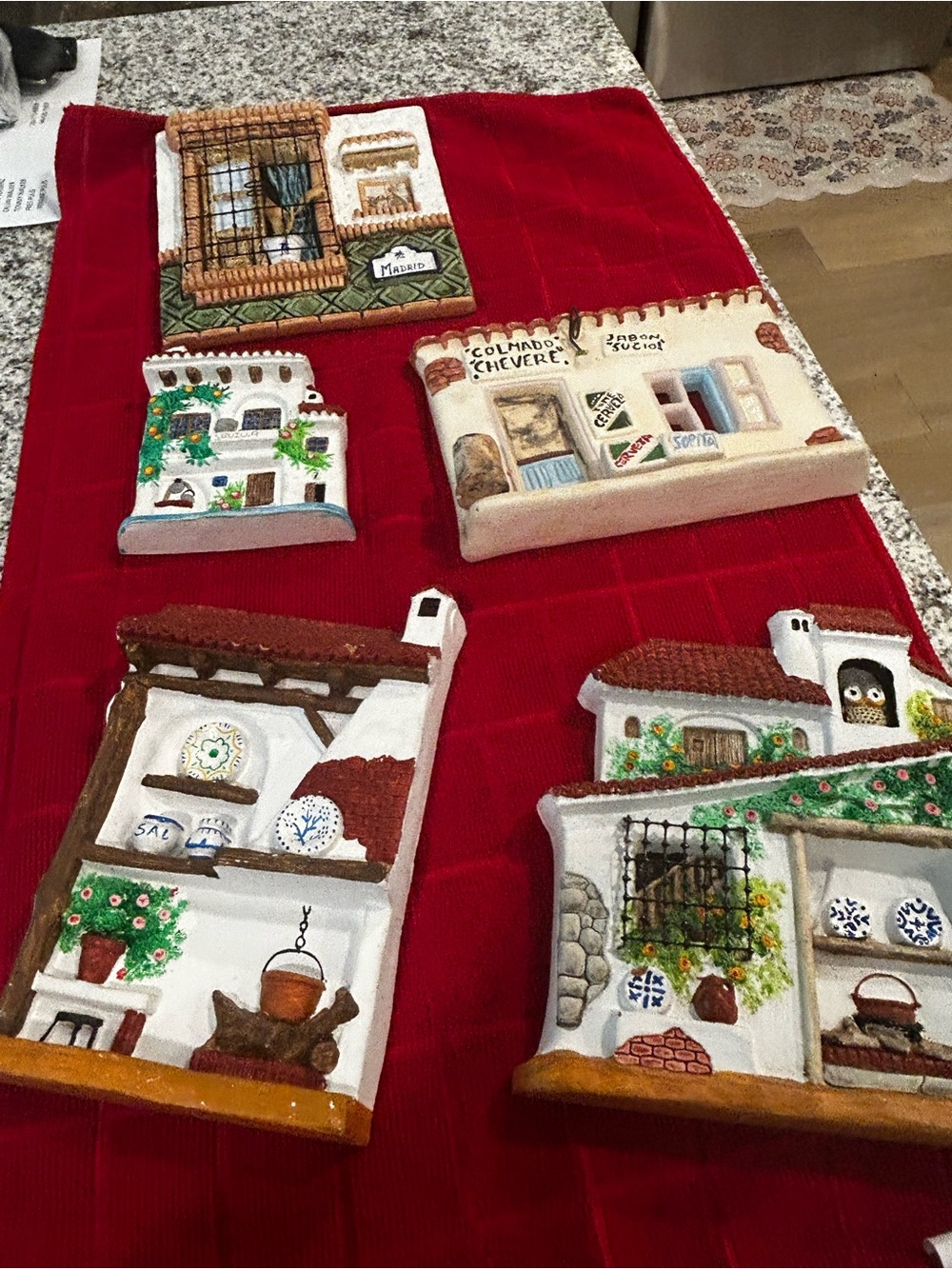 Hand-Painted Ceramic Village Wall Plaques - Red/White Accents